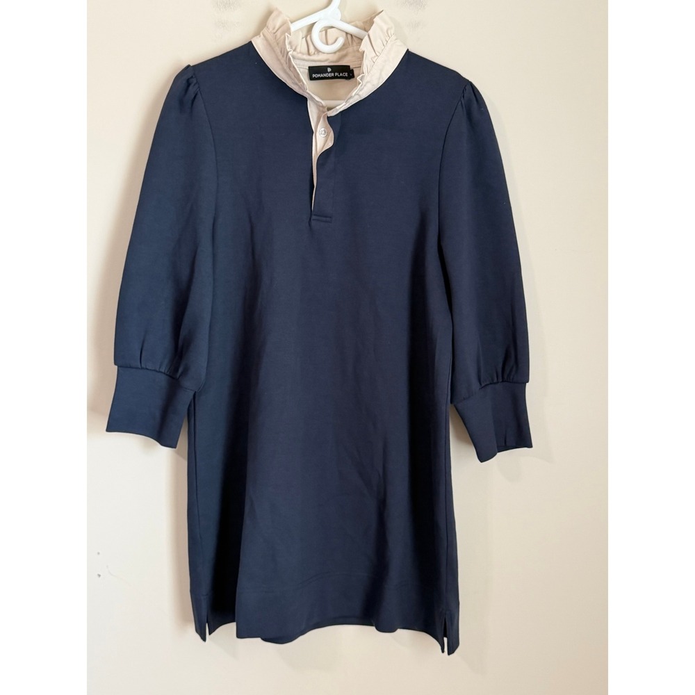 Pomander Place Tuckernuck Dress Women Large Navy High Neck Ruffle Collar